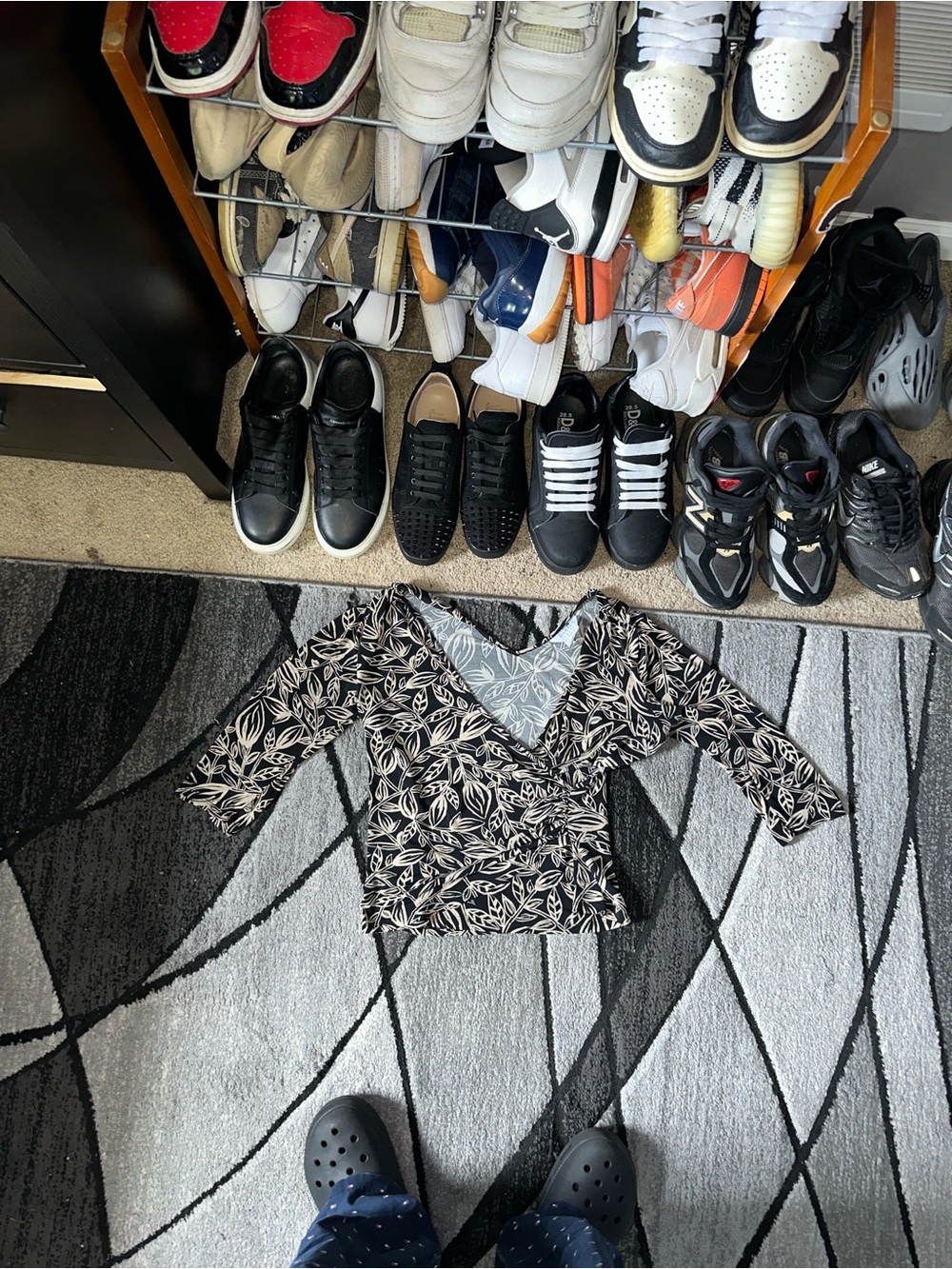 George Black and Cream Leaf-Print Wrap Blouse